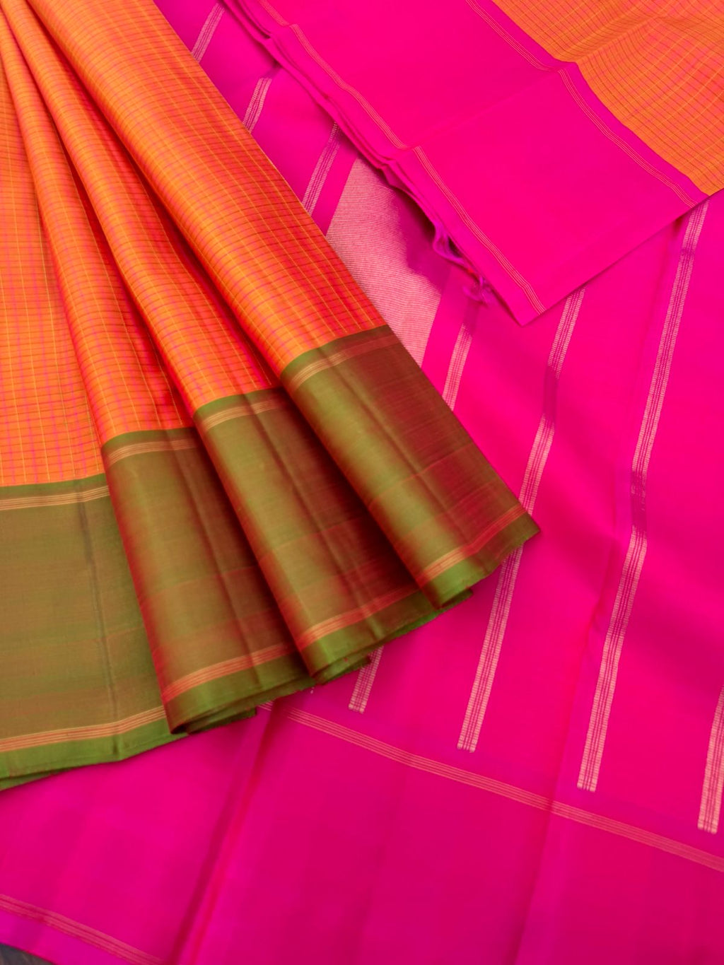 Album Untouched - a classic rust orange with short green and pink Ganga jammuna woven borders with rani pink pallu and blouse