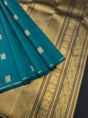 Mohaa - Rarest Borderless Kanchivarams - dark deep burnt blue/green ( a rare tone ) with grand black pallu and blouse