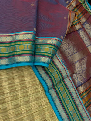 Zari Kissed Silk Cotton - a deep red short blue with laddu Kamalam motifs woven borders