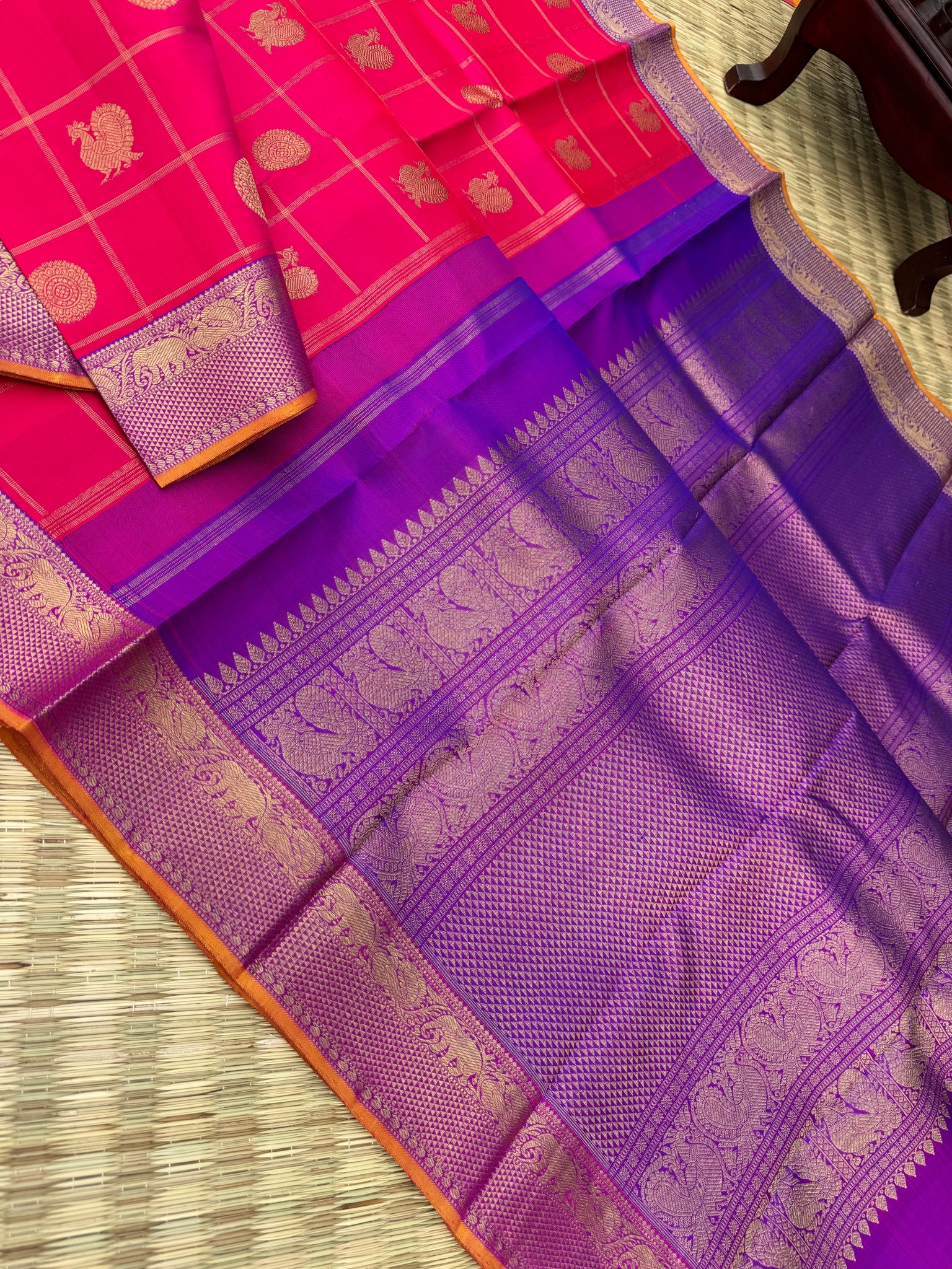 Roja - shades of red orange pink Kanchivarams - stunning pink and violet mayil chackaram
