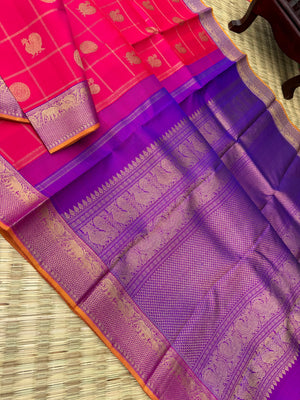 Roja - shades of red orange pink Kanchivarams - stunning pink and violet mayil chackaram