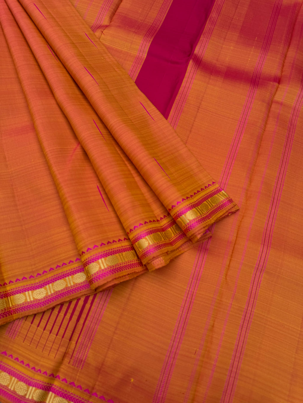 Woven from Memories - Stunning No Zari Kanchivarams - a rusty orange rain drops woven buttas with small classic vintage borders