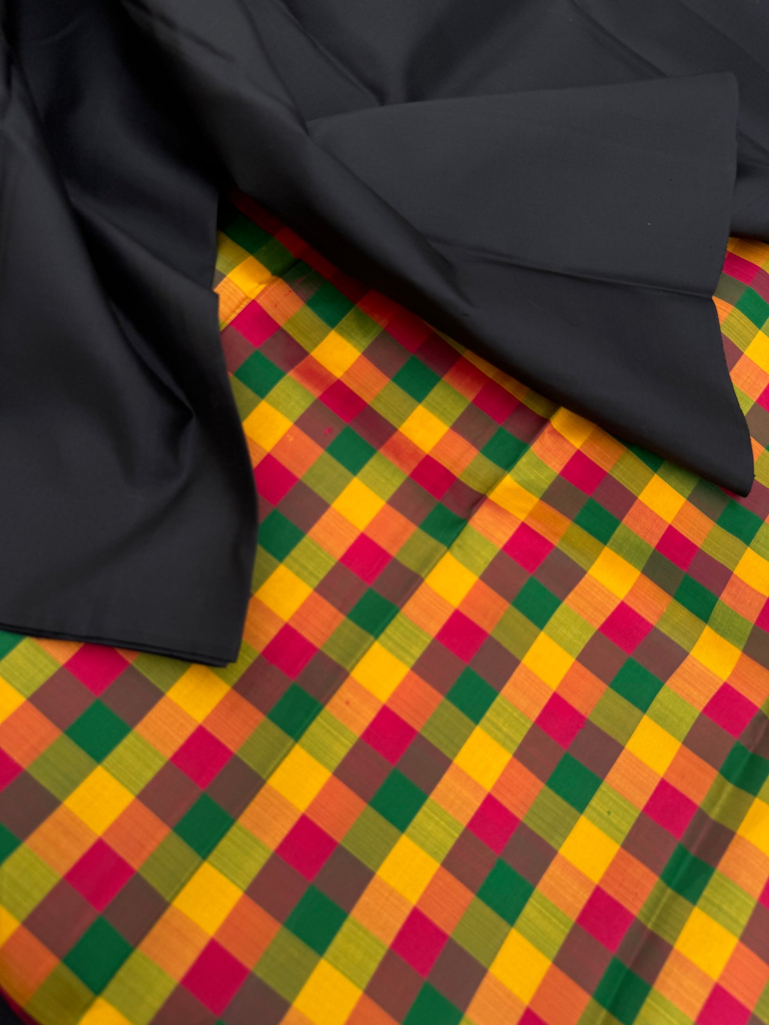 Niram - Celebrating Colours of Full Plain Kanchivaram Silks Paired with Beautiful Contrasting Blouses - stunning black with traditional paalum palamum kattam blouse
