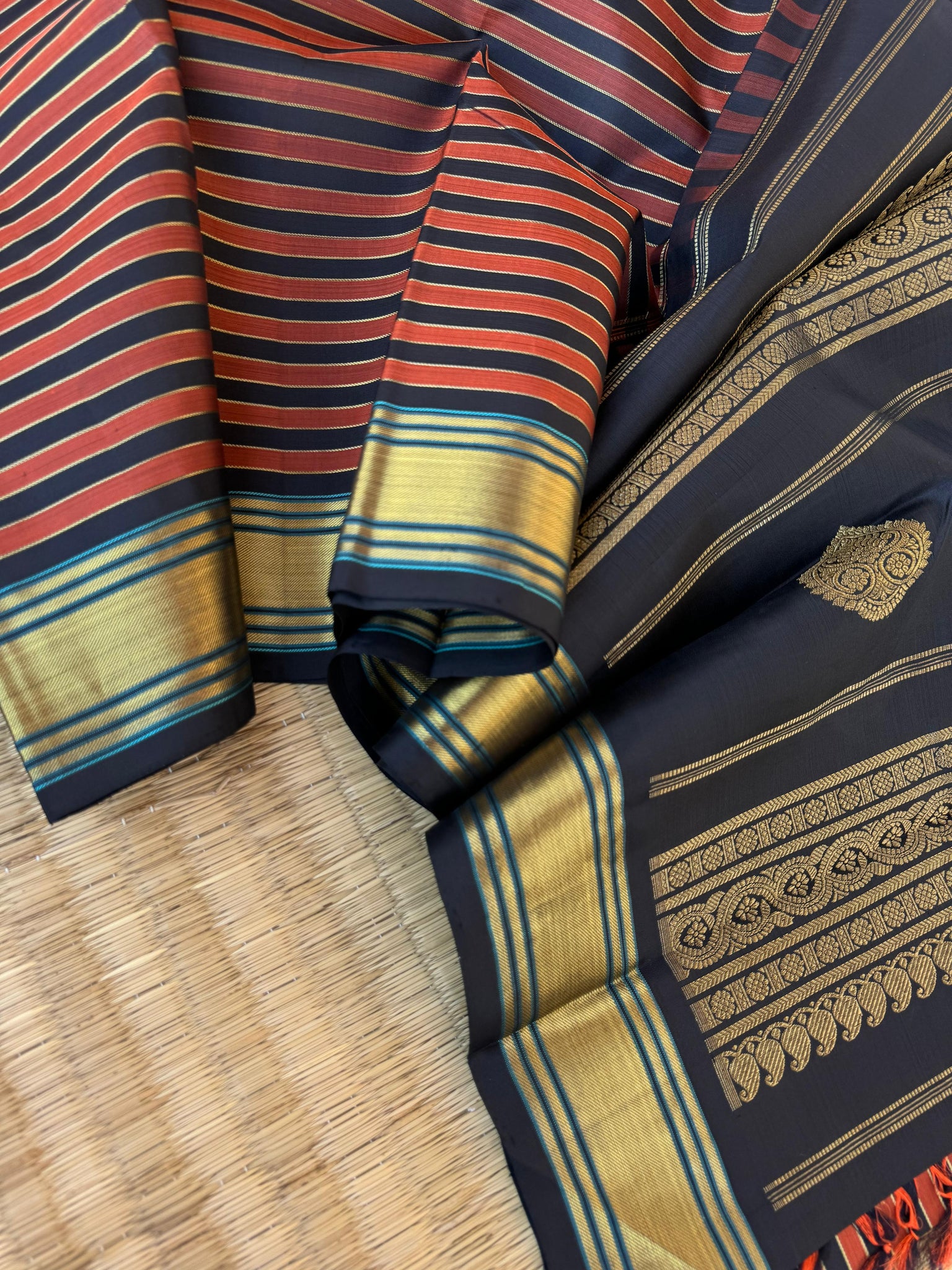 Vari - Stripes woven Kanchivaram | rust and black