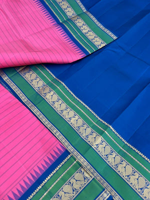 The Best of No Zari Korvai Kanchivaram - candy pink and ink blue with annapakshi woven borders with strips woven body