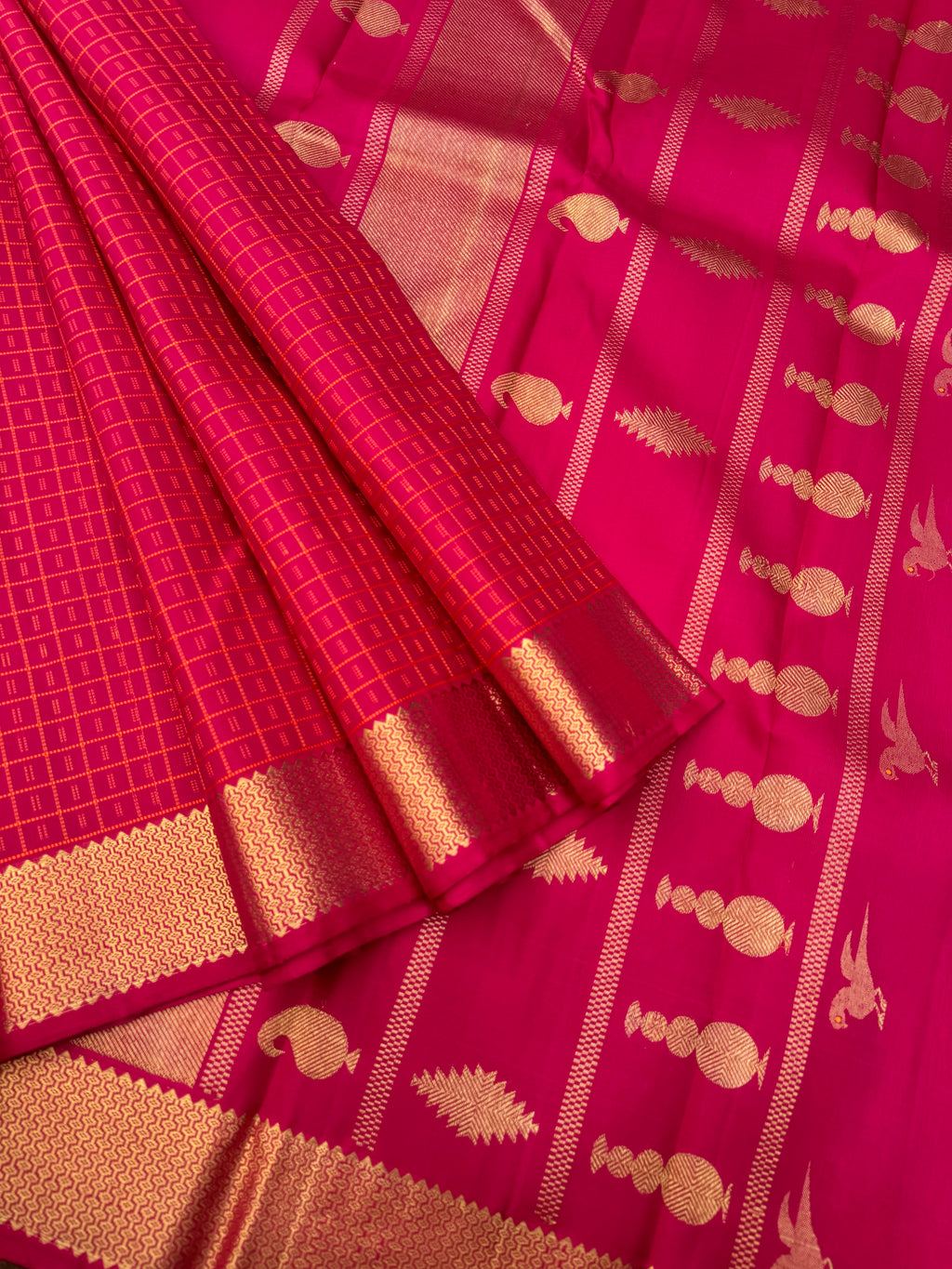 Haritham - Heirloom Yarn Play on Kanchivaram - a gorgeous kum kum red lakshadeepam with bomkai woven pallu and solid gold zari woven borders