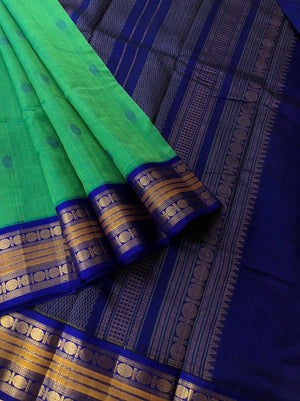 Divyam - Korvai Silk Cotton with Pure Silk Woven Borders - stunning dual tone green and ink blue