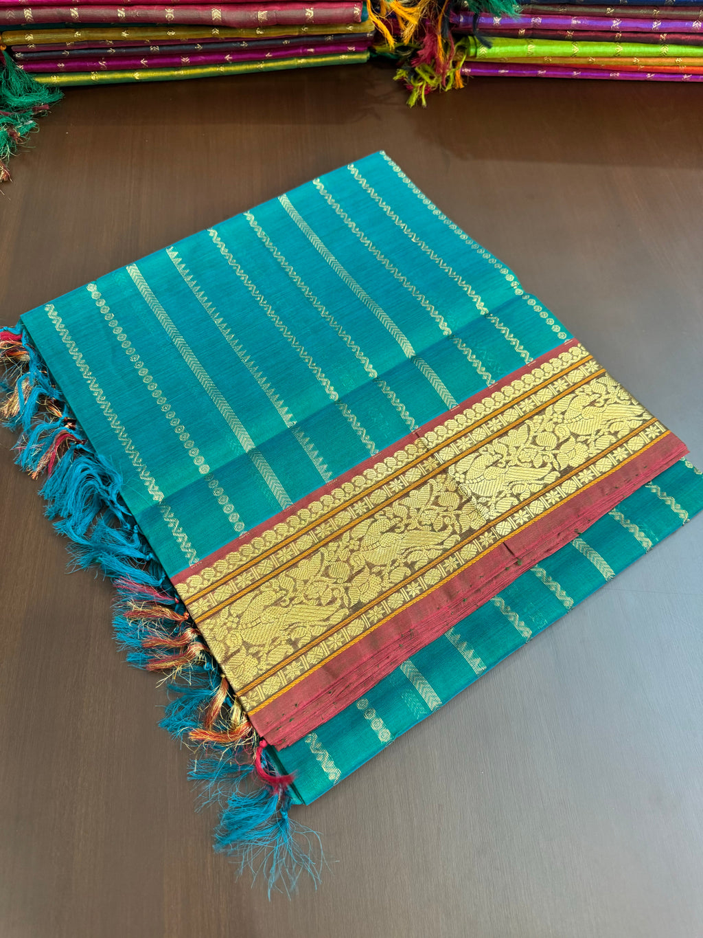 Vertical Veldhari on Zari Kissed Silk Cotton - dual tone teal blue