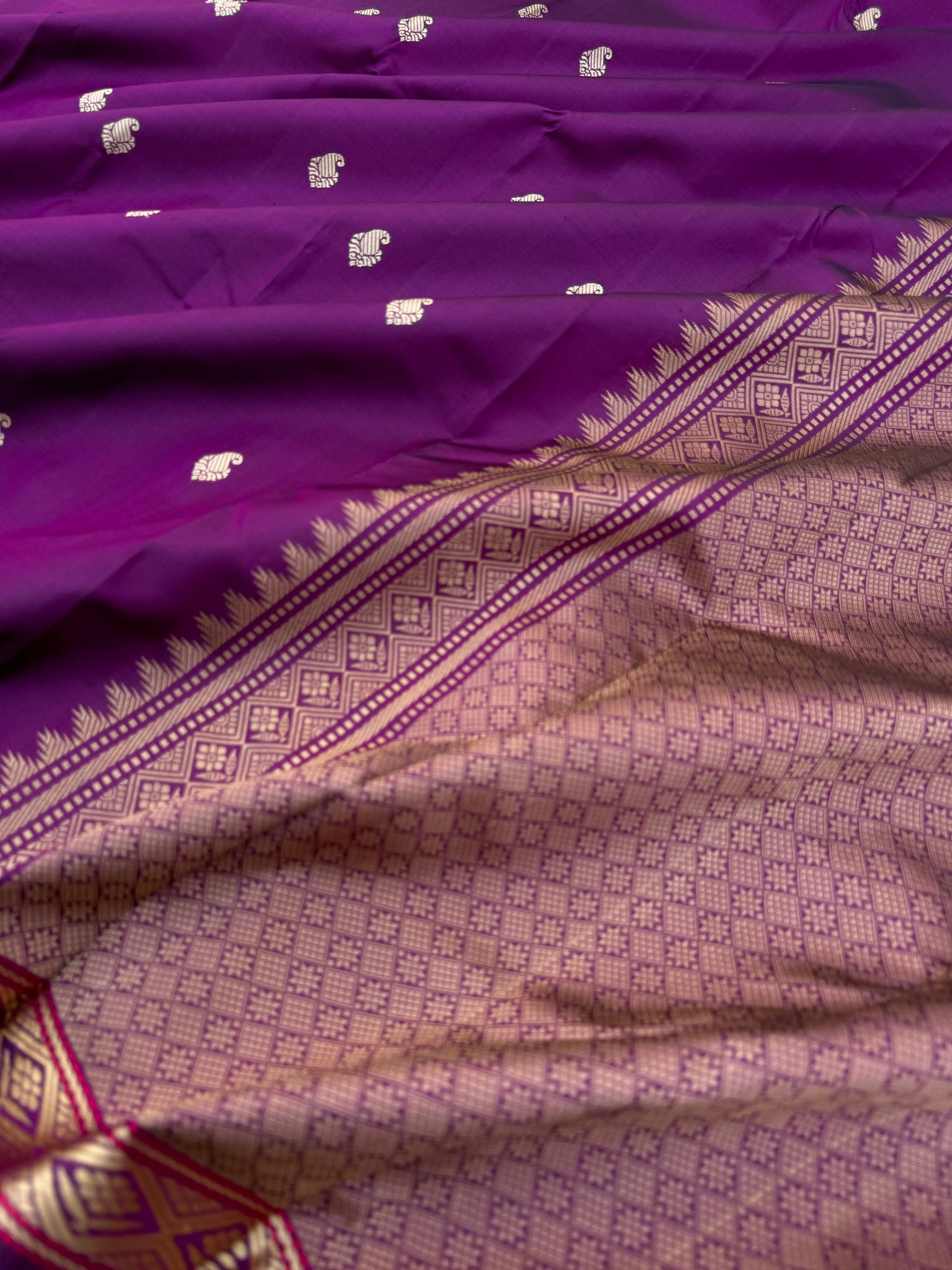 Woven from Memories - Stunning No Zari Kanchivarams - deep dark brinjal purple with vintage small borders Kanchivaram