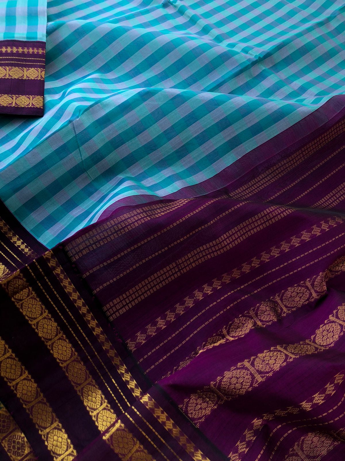 Paalum palamum kattam on Korvai Silk Cotton - turquoise blue and lavender