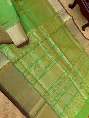Zari Kissed Silk Cotton - mustard mixed with green with solid getti border with corner buttas woven pallu