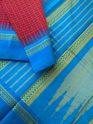 Mira - Our Exclusive Cotton body with Pure Silk Korvai Borders - gorgeous deep red and sulphate blue Lakshadeepam