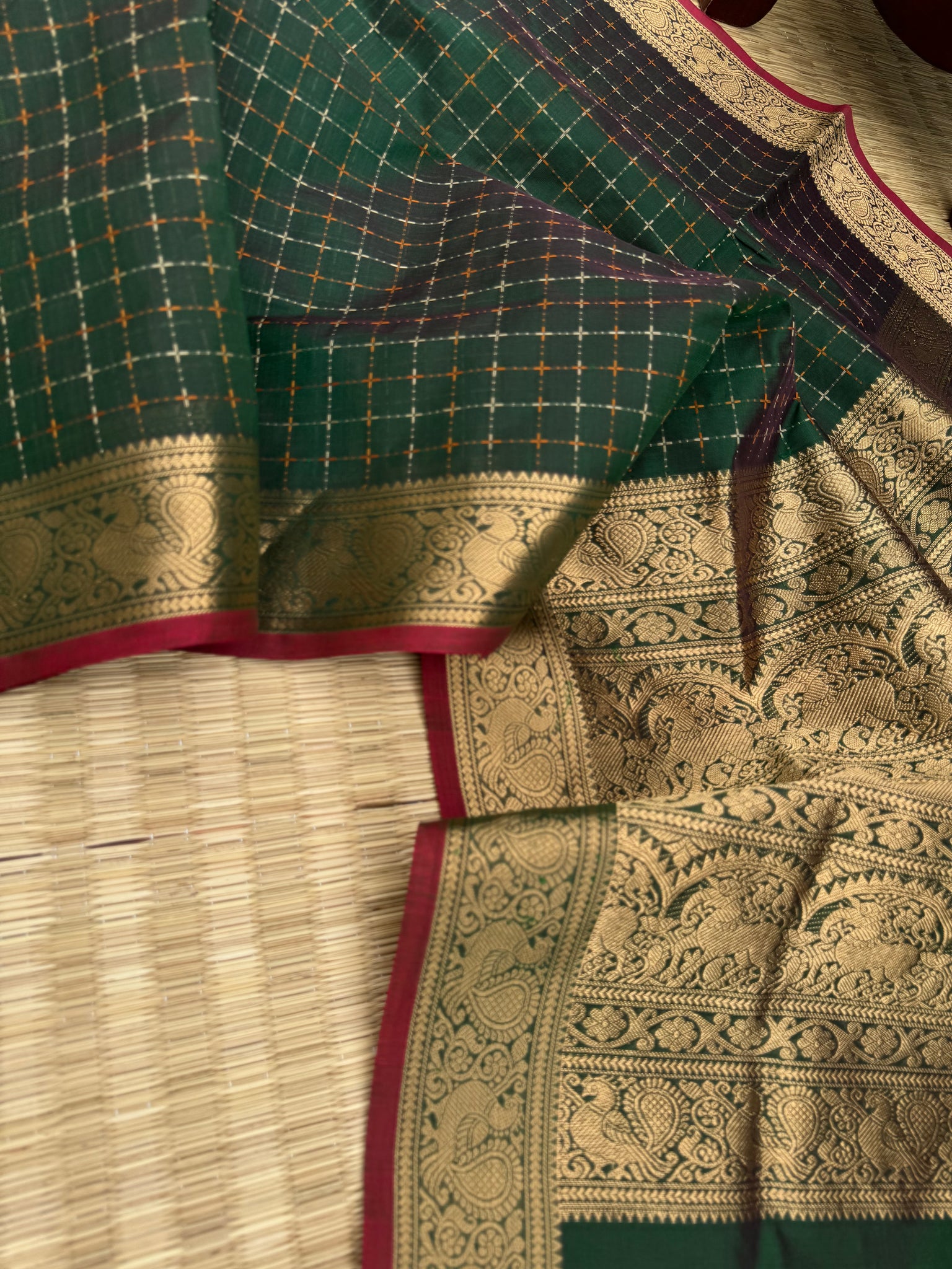 Woven Motifs Silk Cotton - deep dark Meenakshi green pluse buttas