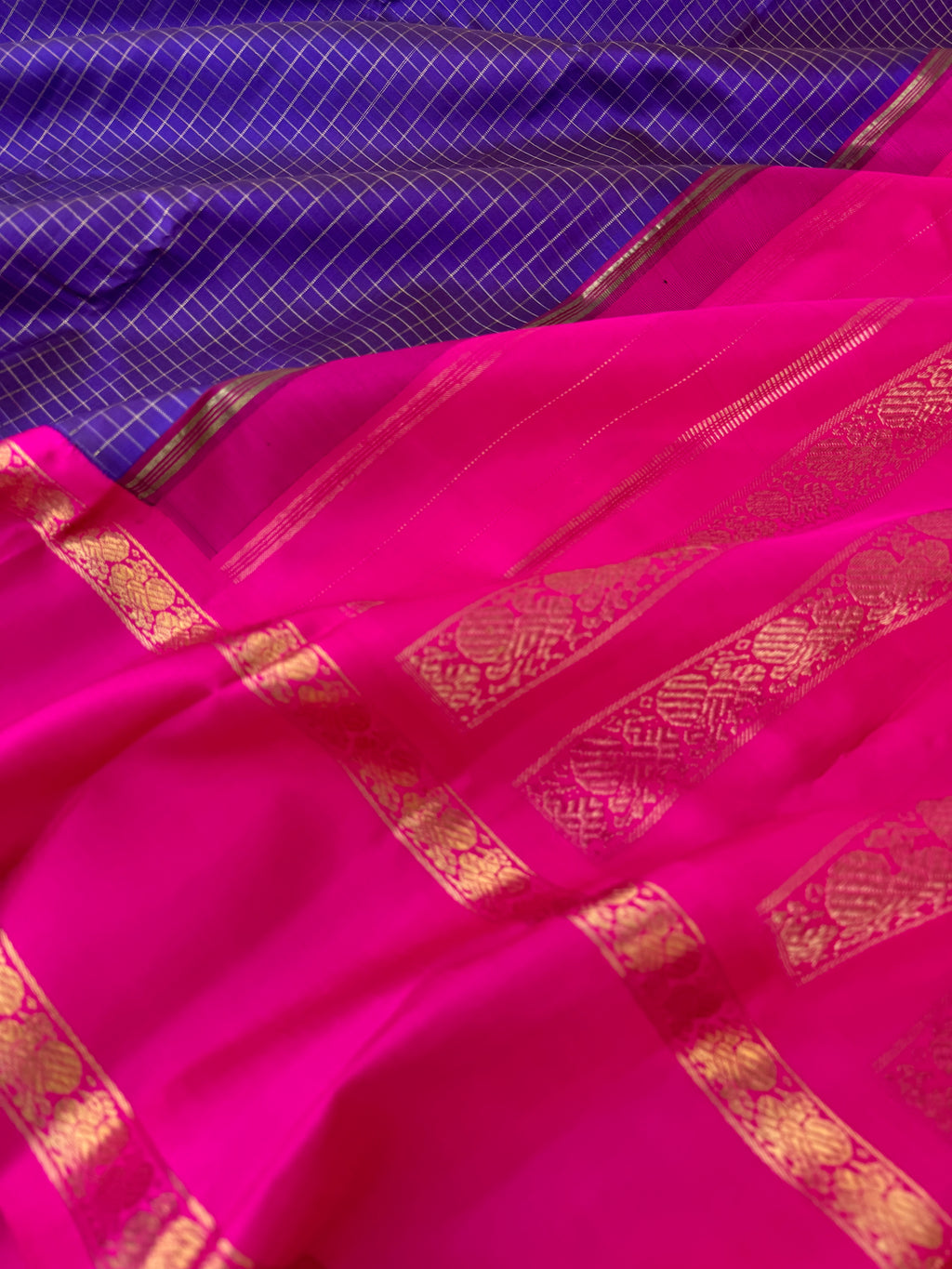 Vintage Ragas on Korvai Kanchivaram - violet blue zari kattam woven body with hot pink aadai woven borders and pallu