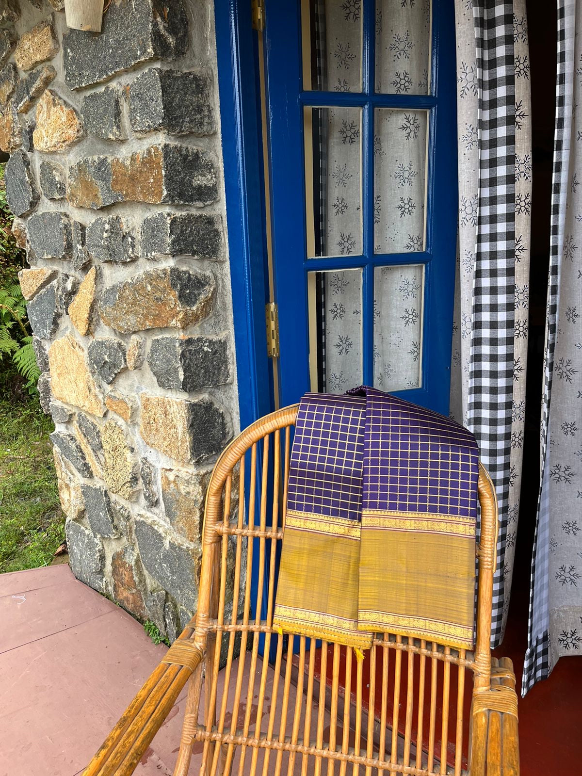 Meenakshi - Heirloom Kanchivaram - deep navy blue and burnt golden mustard with gold chain kattam woven body