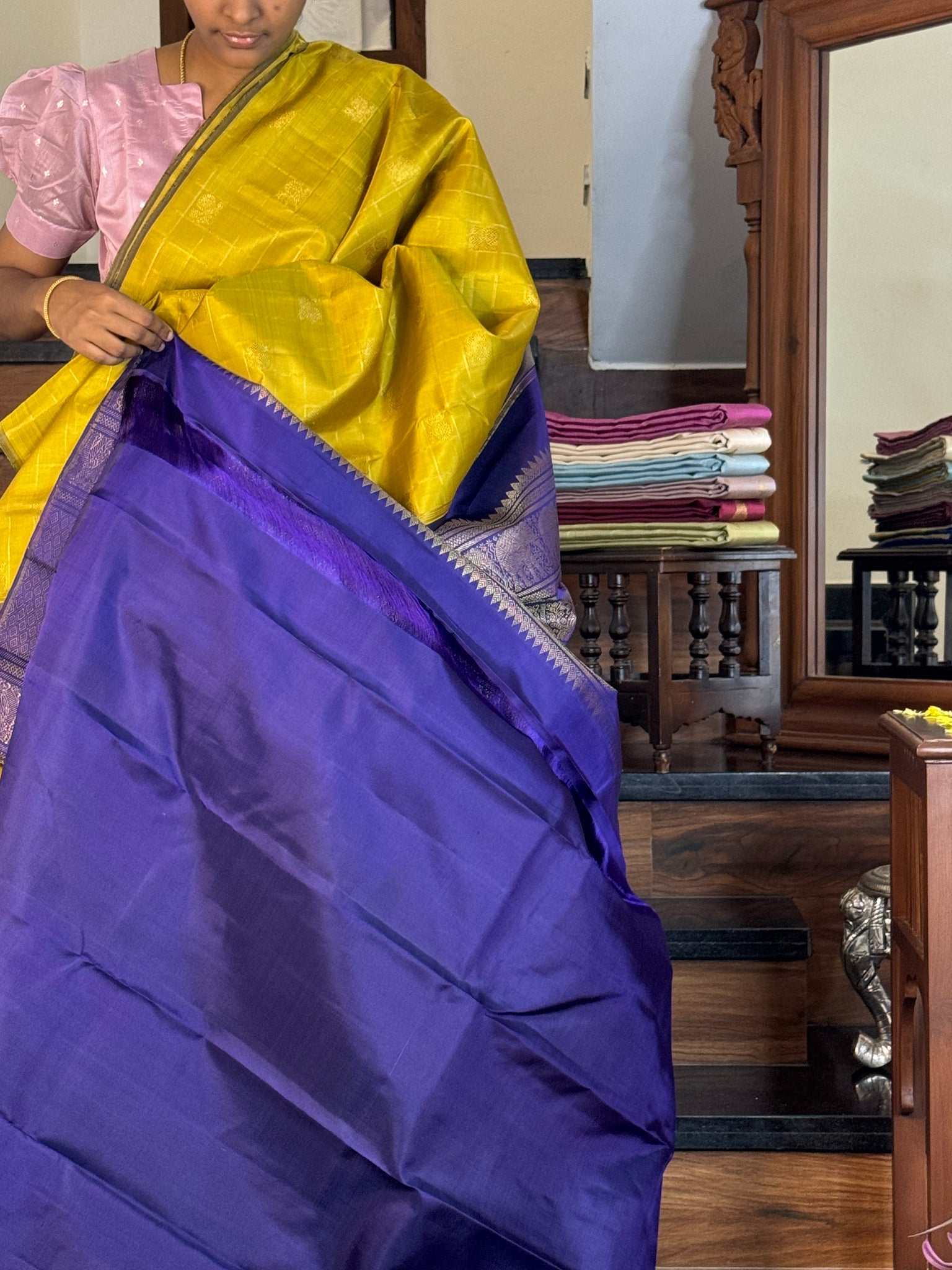 Mohaa - Beautiful Borderless Kanchivaram - a sampanga yellow and deep dark ink blue with chex woven annapakshi borders