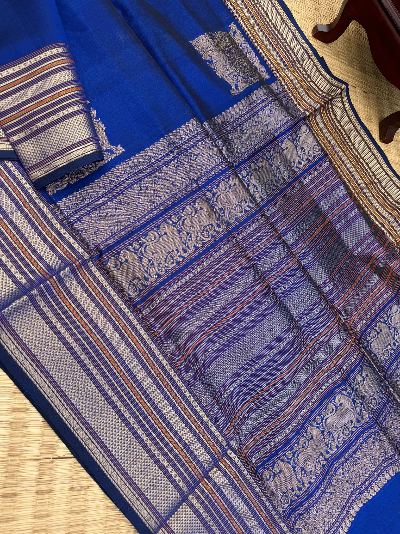 Zari Kissed Silk Cotton - burnt blue corner buttas