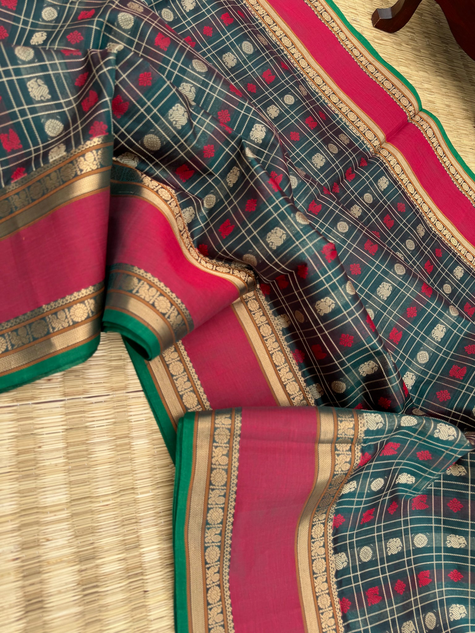 Woven Motifs Silk Cotton - a forest green 1000 buttas