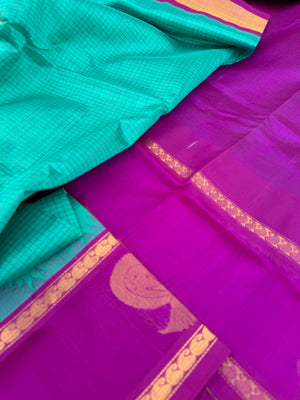 Korvai Silk Cottons - aqua blue and violet with border buttas