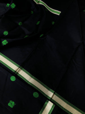 Woven from Memories - Beautiful No Zari Kanchivarams - absolutely beautiful black with green mayil chackaram woven buttas