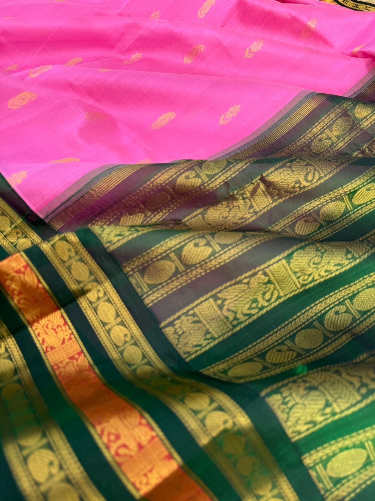 Korvai Silk Cotton - candy pink and Meenakshi green