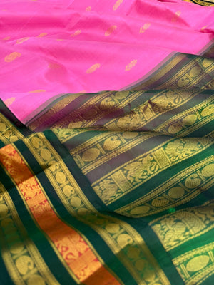 Korvai Silk Cotton - candy pink and Meenakshi green