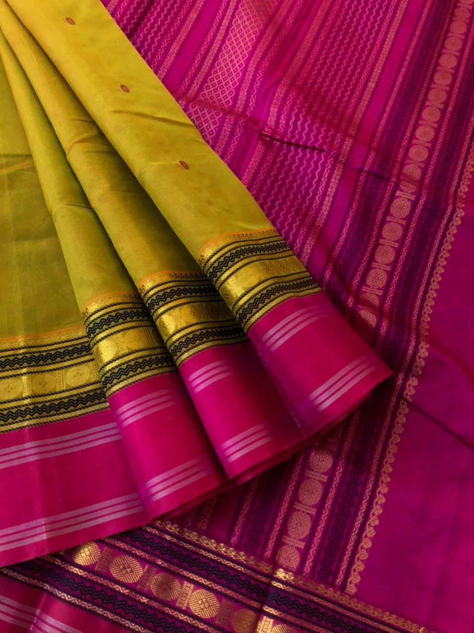 Divyam - Korvai Silk Cotton with Pure Silk Woven Borders - rusty green mixed mustard with deep pink