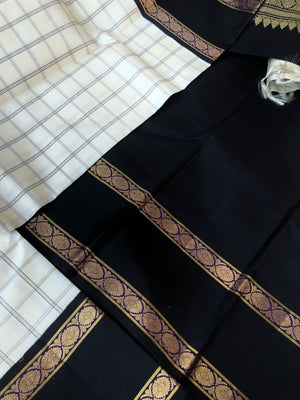 Vintage Ragas on Kanchivaram - the most smartest off white and black muthukattam woven body with retta pett woven borders