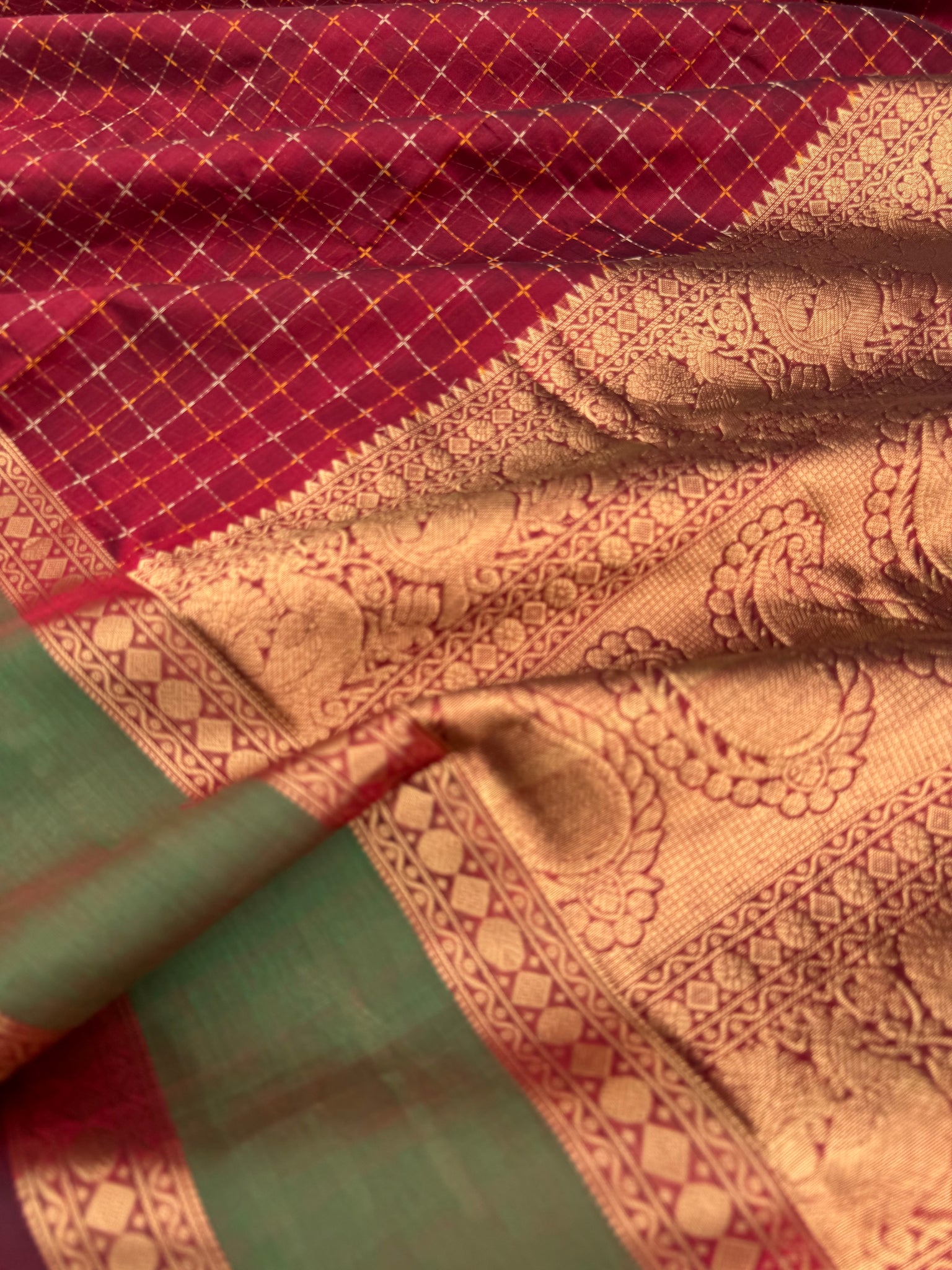 Woven Motifs Silk Cotton - a deep maroon pluse buttas