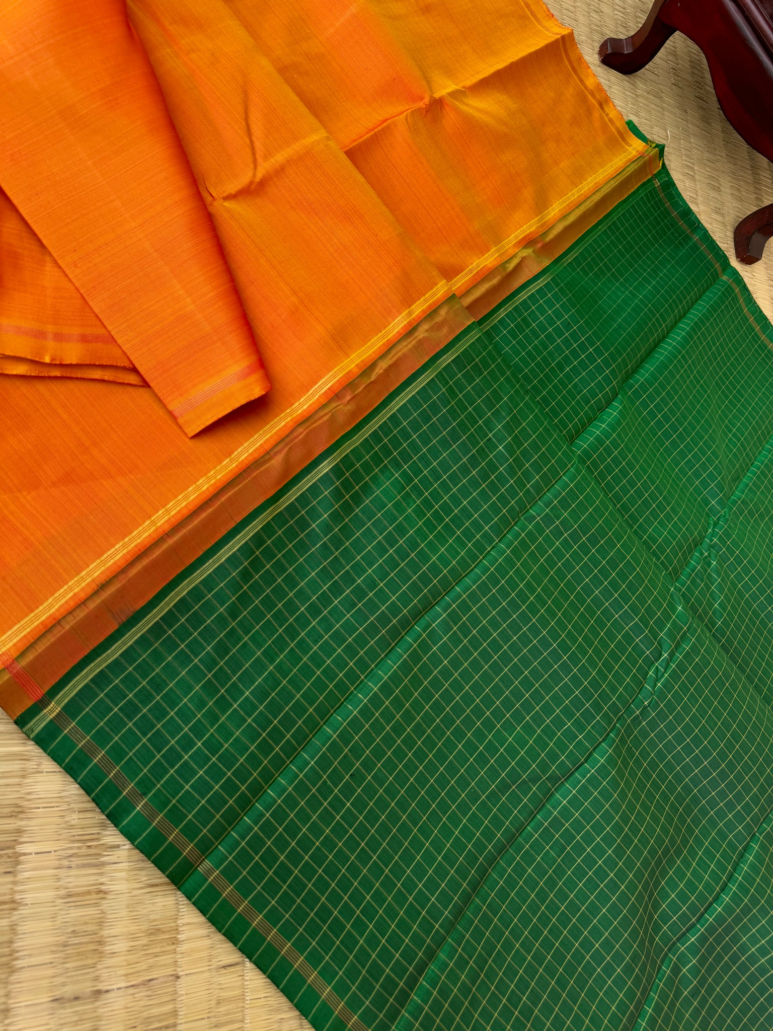 Contrast Play Kanchivarams - the core of sun orange and Meenakshi green