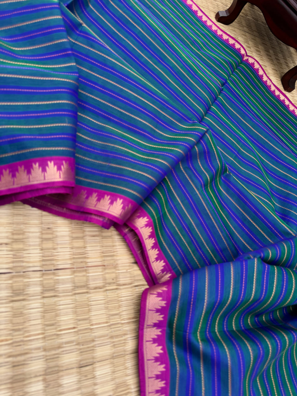 Woven Motifs Silk Cotton - stunning peacock blue green muthu veldhari for people who love small borders