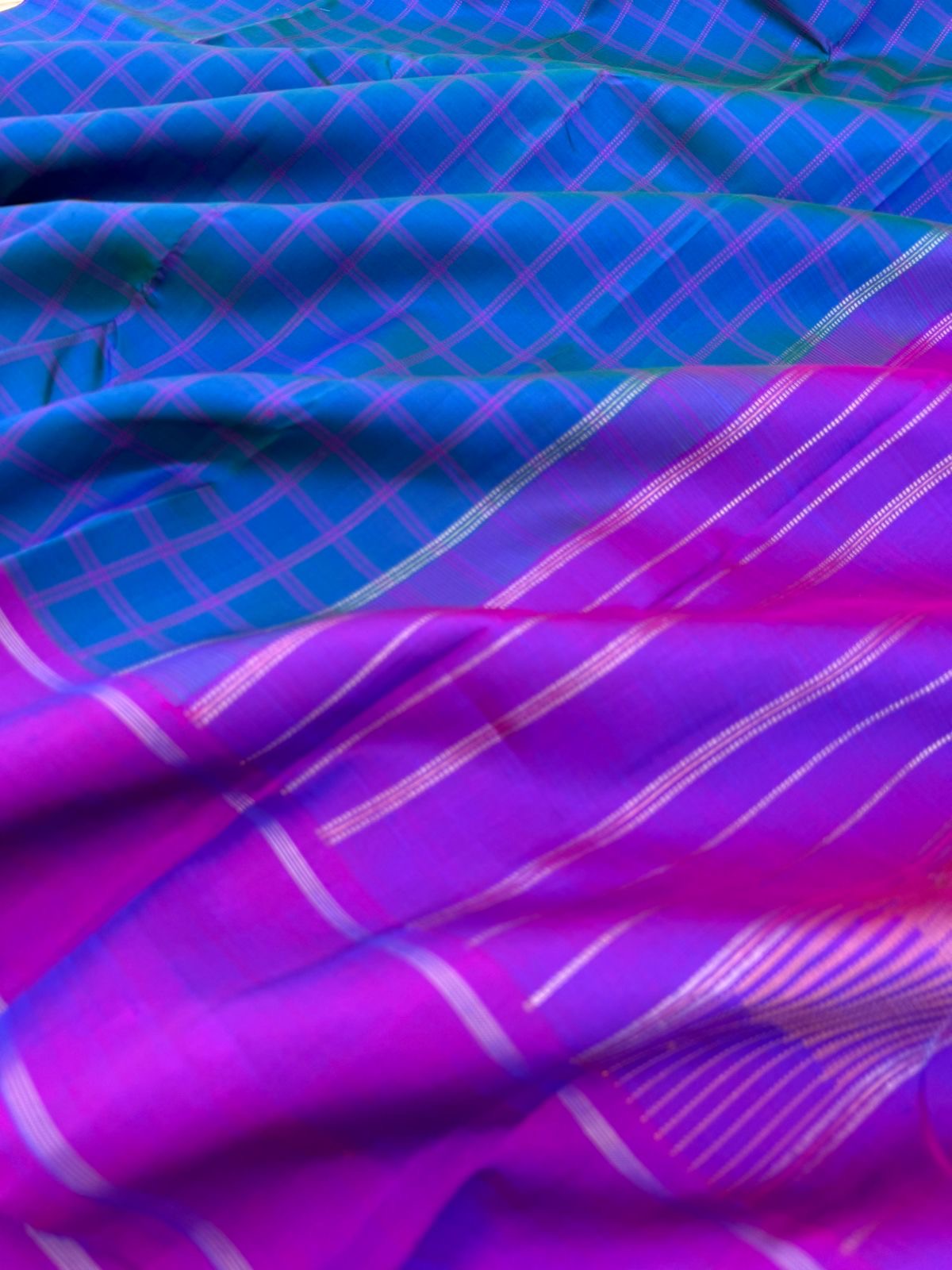 Colour Play on Kanchivaram - Simple and elegant peacock blue and violet kattam kanchivaram