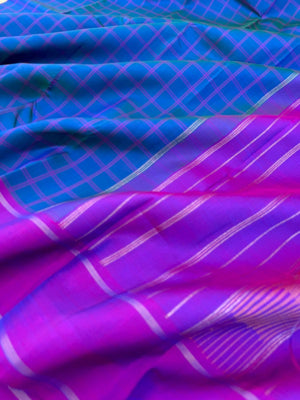 Colour Play on Kanchivaram - Simple and elegant peacock blue and violet kattam kanchivaram