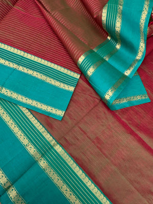 Zari Kissed Silk Cotton - maanthulir brown oosi stripes with teal borders