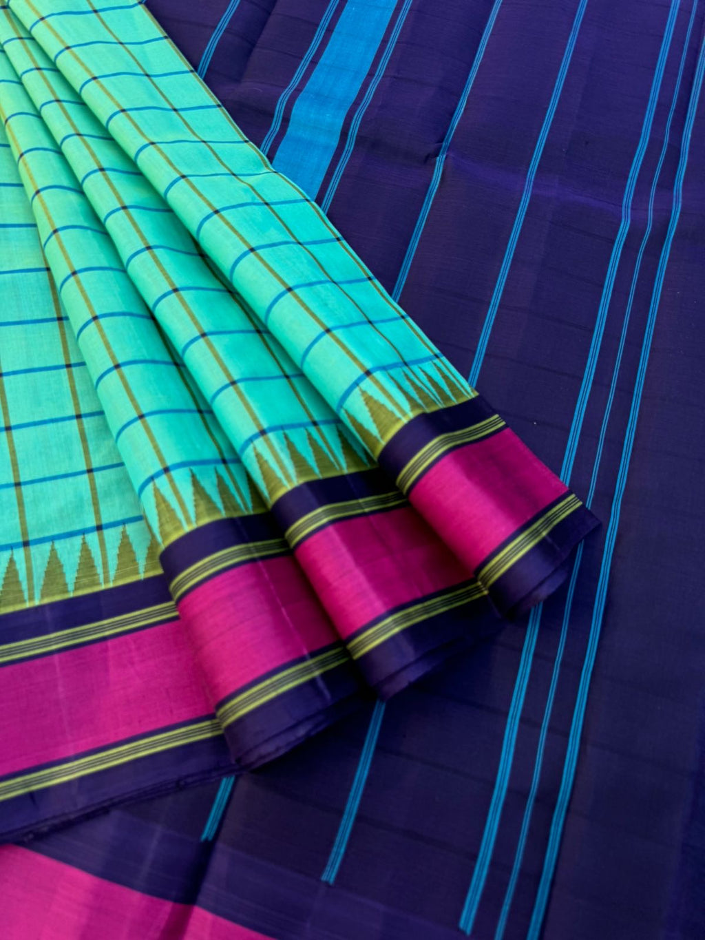 Signature Silk Cotton -aqua blue body and navy blue pallu and blouse