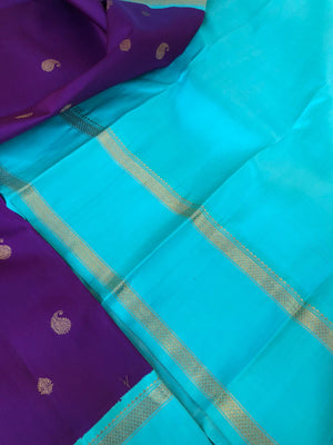 Meenakshi Kalayanam - Authentic Korvai Kanchivarams - deep dark violet blue and ice blue with retta pett woven borders