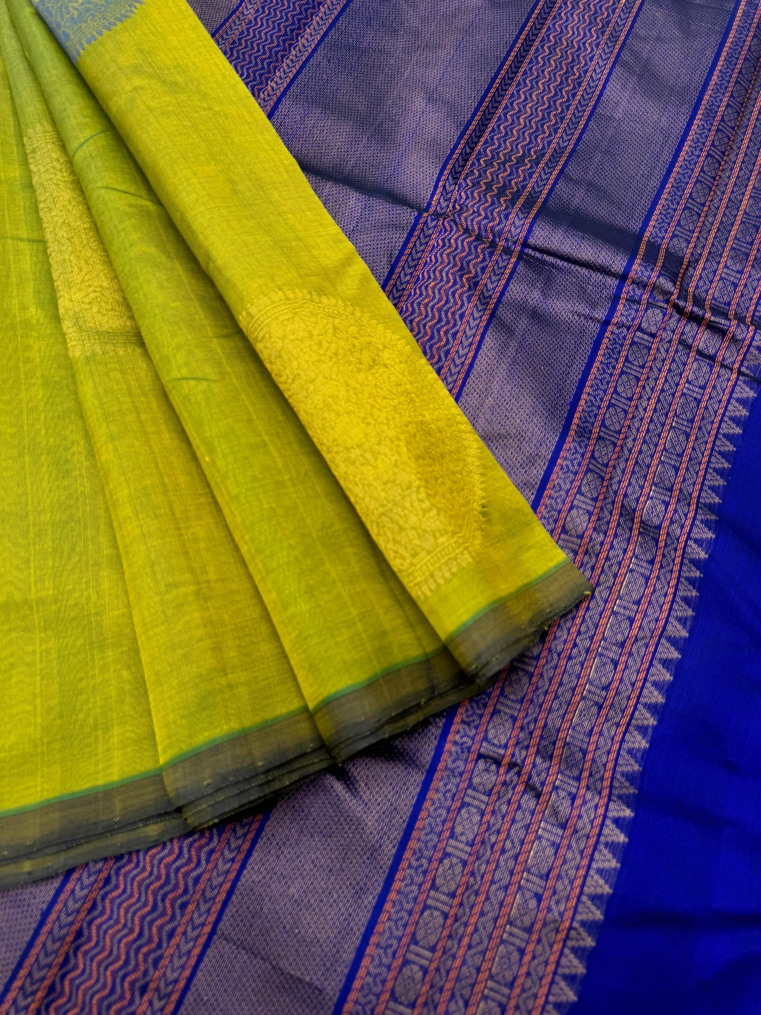 Woven Motifs Silk Cotton -fresh green and blue thamboolam thathu motifs borderless silk cotton