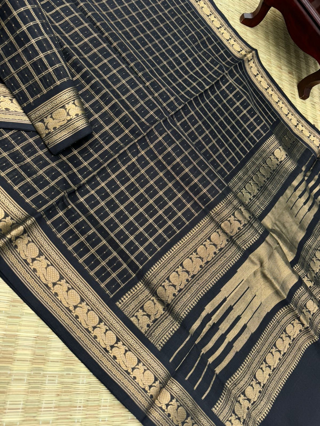 Black Edition of Zari Kissed Silk Cotton - black and gold Lakshadeepam