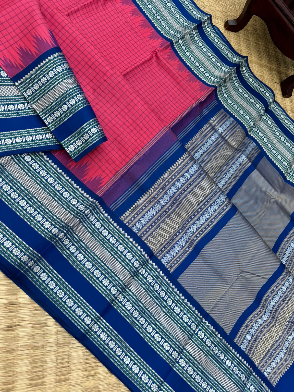 The Best of No Zari Korvai Kanchivaram - stunning pink and ink blue with gorgeous silk woven grand broad borders