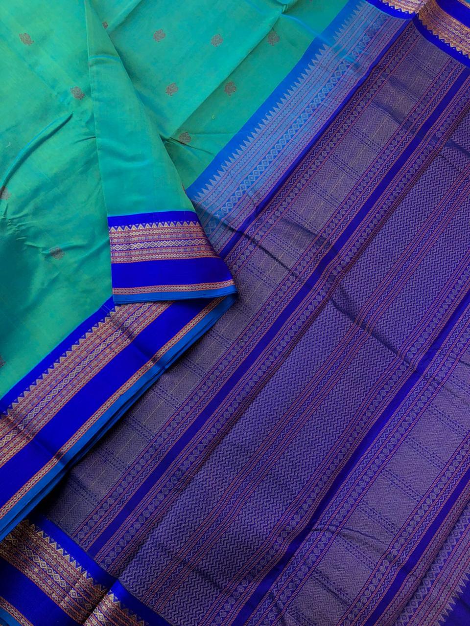 Divyam - Korvai Silk Cotton with Pure Silk Woven Borders - perfect dual tone teal blue on blue