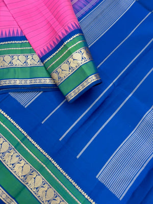 The Best of No Zari Korvai Kanchivaram - candy pink and ink blue with annapakshi woven borders with strips woven body