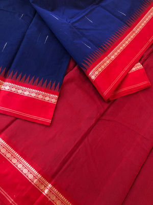 Mira - Our Exclusive Cotton body with Pure Silk Korvai Borders - deep dark navy blue and red with malli mokku or rain drops woven borders