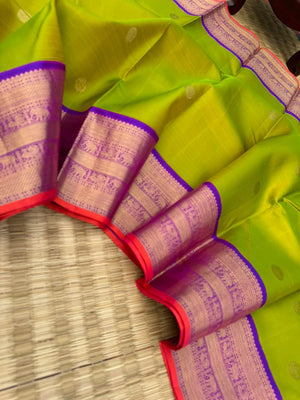Meenakshi - Heirloom Korvai Kanchivaram - Stunning jewel tone fresh green and violet with sold borders