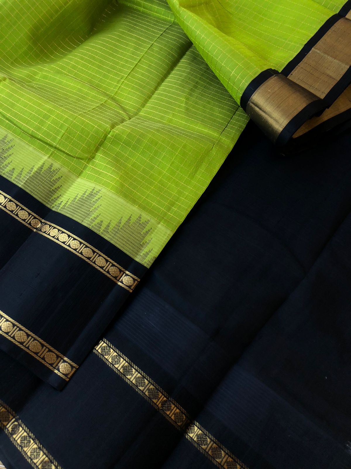 Kattams on Korvai Silk Cotton - pale green and black zari kattam