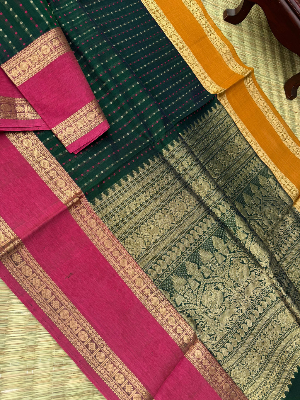 Woven Motifs Silk Cotton - forest lakshadeepam with Ganga jammuna woven borders
