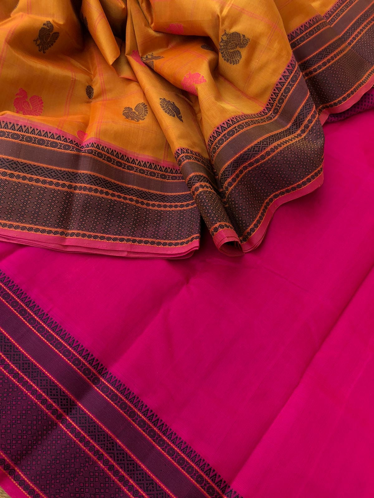 Woven Motifs Silk Cotton - rusty mustard and pink mayil chackaram