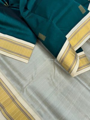 Korvai Silk Cottons - unusual dark Rama green and off white with body woven buttas