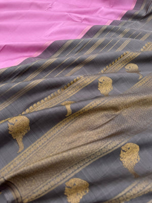 Mohaa - Rarest Borderless Kanchivarams - stunning panner rose pink with aadai woven killi ( parrots ) buttas with grey pallu and butta woven blouse