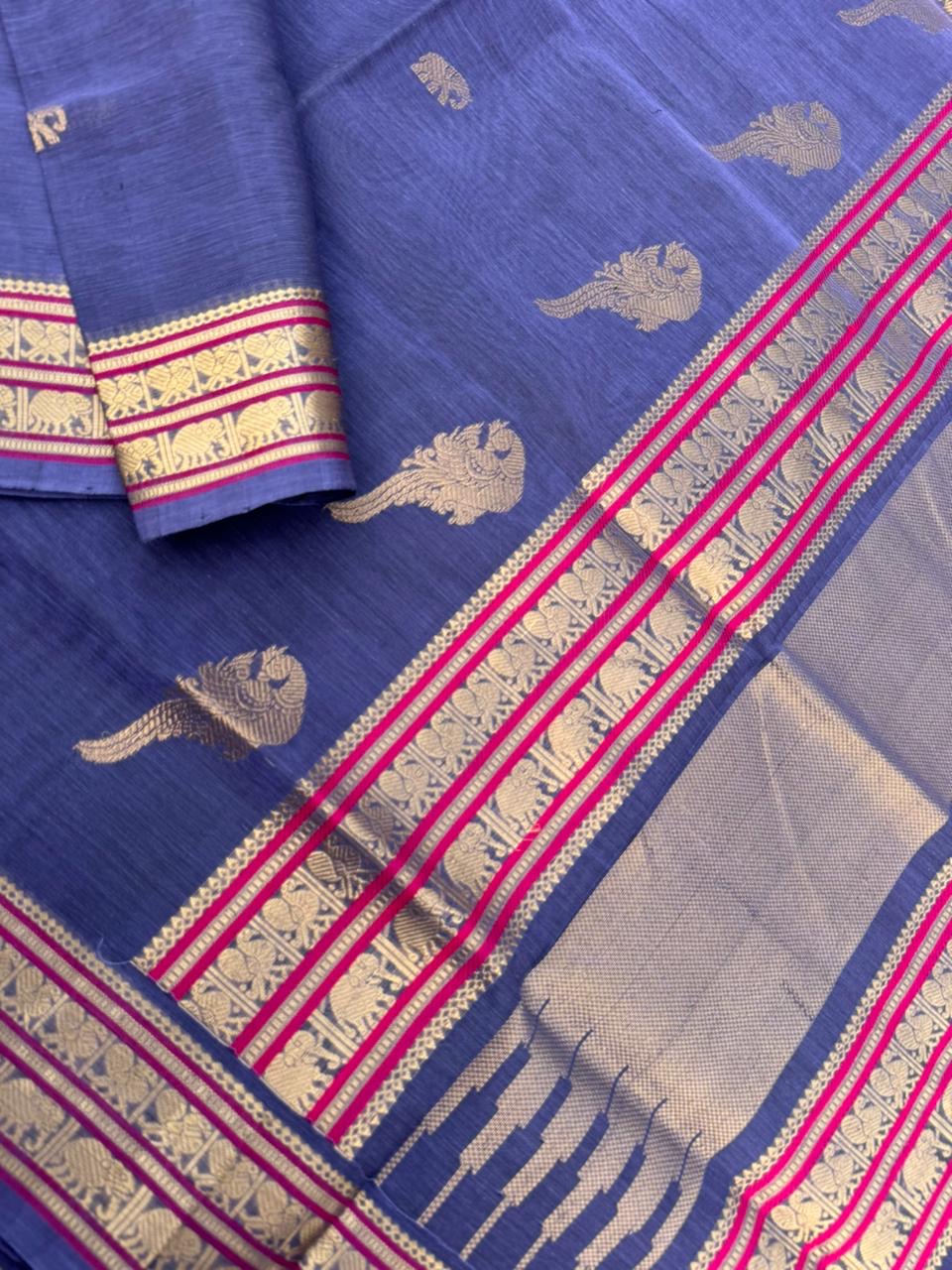 Zari Kissed Silk Cotton - a stunning konjum killi woven thindhu butta with small elephants and annapakshi woven buttas