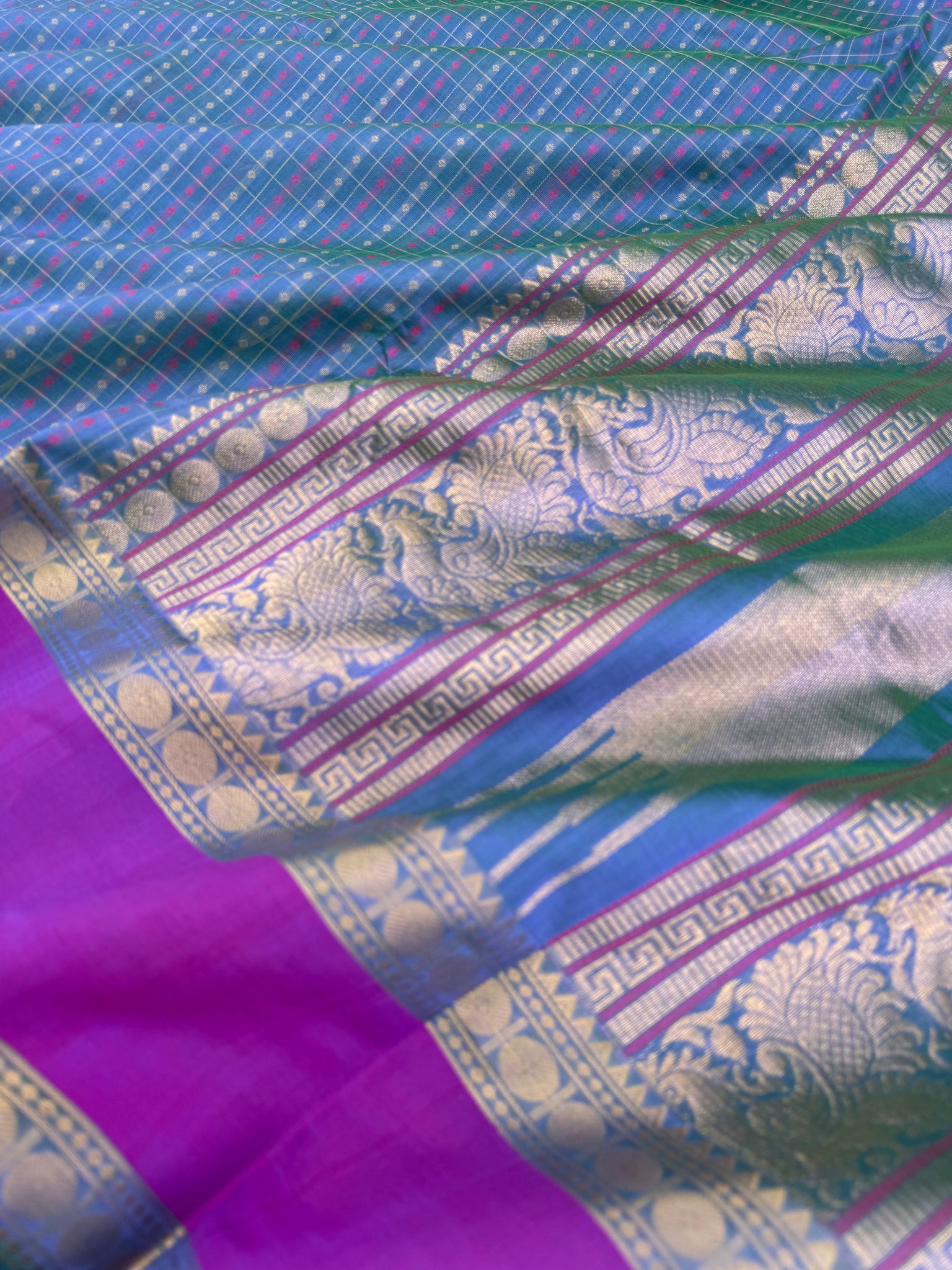 Woven Motifs Silk Cotton - a dual tone peacock blue green lakshadeepam